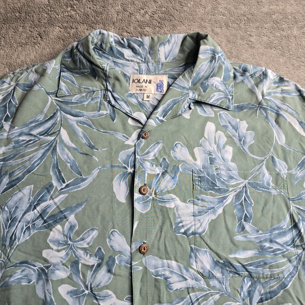 Vintage Iolani Hawaiian Shirt Mens Medium Green Floral Short Sleeve Camp